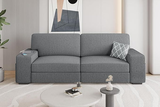 Yaheetech 83.5" W Modern Sofa Couch Corduroy Fabric Sofa with Detachable Cover, USB Charging Ports & Side Storage Pockets for Living Room Apartment, Dark Gray