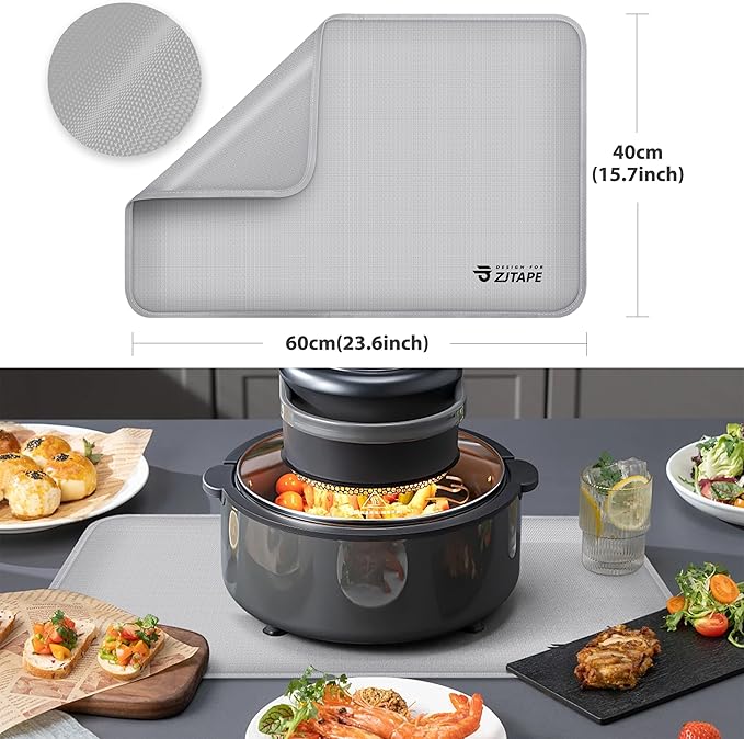 Heat Resistant Mat for Air Fryer Site - 23.6 x 15.7in, Fireproof Silicone Mats for Kitchen Counter, Heat Proof Mat, Non-slip & Waterproof for Deep Fryer, Oven, Coffee machine (Silver)