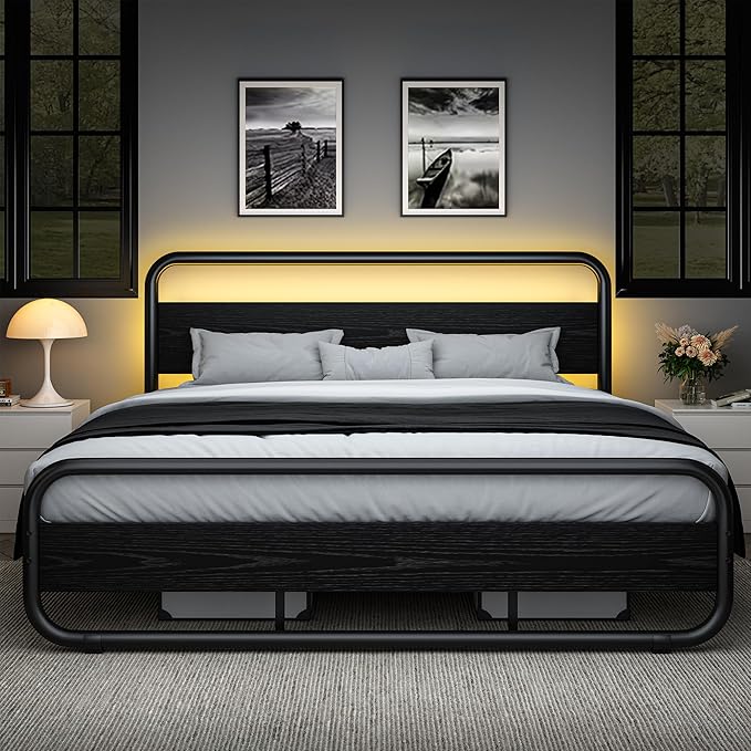 Catrimown King Size Bed Frame, Metal Black Bed Frame with Wood Headboard and Footboard, LED Platform Bed Frame with 12" Under Bed Storage, Noise Free, No Box Spring Needed