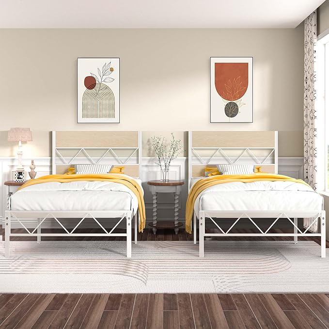 VECELO 2 Twin Bed Frame Set Metal Platform with Wooden Headboard, Heavy-Duty Metal Slats Support, No Box Spring Needed, Non-Slip, Noise Free, Easy Assembly, White & Natural