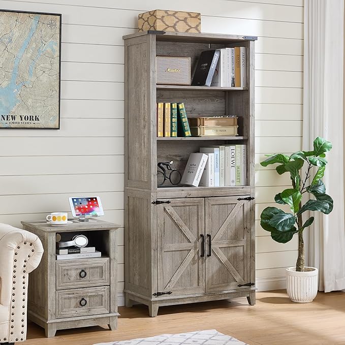 5 Tier Bookshelf 70in Tall Bookcase with Barn Doors and Storage Cabinet, Grey Farmhouse Book Shelf with Adjustable Shelves, Wood Freestanding Display Bookshelves for Bedroom, Kitchen (3PCS)