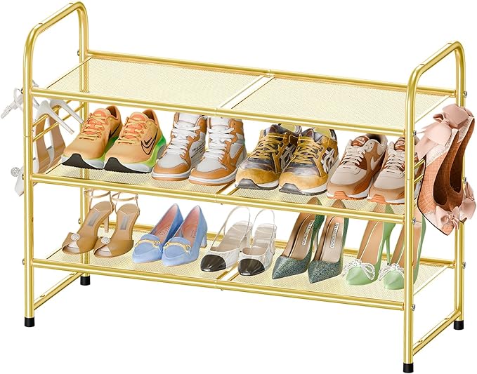 SUFAUY Shoe Rack for Closet, 33 inch Metal Shoe Rack Organizer Heavy Duty, 3 Tier Mesh for Shoes, Gold