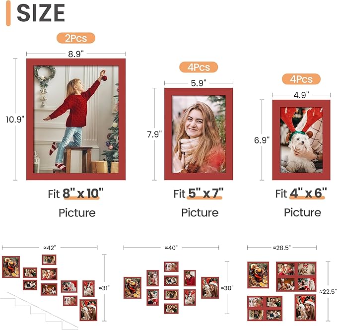 upsimples 10 Pack Picture Frames Collage Wall Decor for Mounting or Tabletop Display, Photo Gallery Frame Set for Family, Multi Sizes Including 8x10, 5x7, 4x6, Red