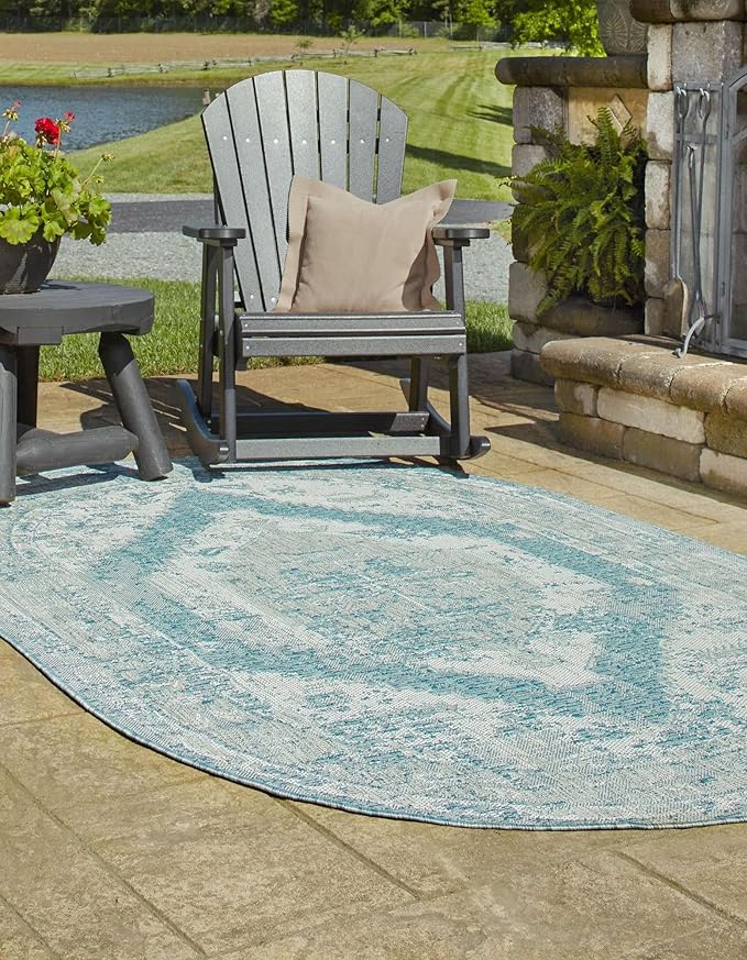 Unique Loom Outdoor Traditional Collection Area Rug - Valeria (7' 10" x 10' Oval, Aqua/ Ivory)