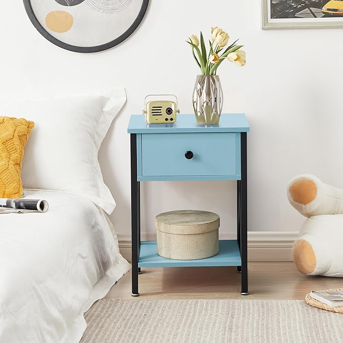 VECELO Nightstand,Modern Bedside End Table, Night Stand with Drawer and Storage Shelf for Living Room Bedroom, Industrial Metal Frame
