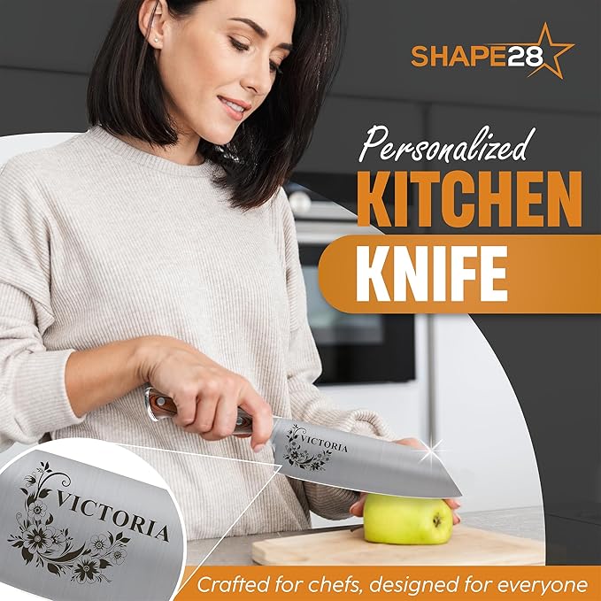 Shape28 Personalized Kitchen 7 Inch Professional Culinary Knife - Customize Chopping, Mincing, Slicing and Dicing, Meat - High Carbon Steel with Gift Box and Blade Cover