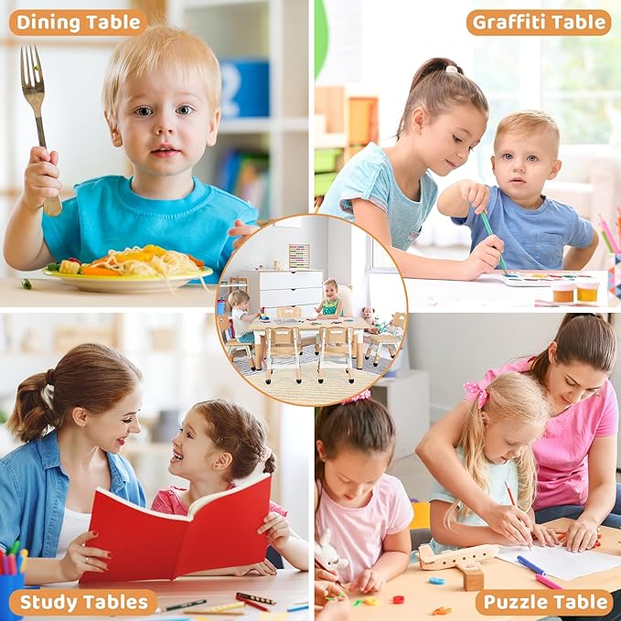 Arlopu Kids Table and 6 Chairs Set, Height Adjustable Graffiti Desk, Preschool Activity Art Craft Table, for Daycare Classroom Home Boys and Girls Age 3-12 (Beige)