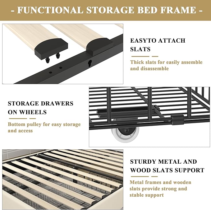 VECELO Full Size Upholstered Platform Bed Frame with 4 Storage Drawers, Adjustable Velvet Rivets Headboard, Wooden Slats Support, No Box Spring Needed, Easy Assembly