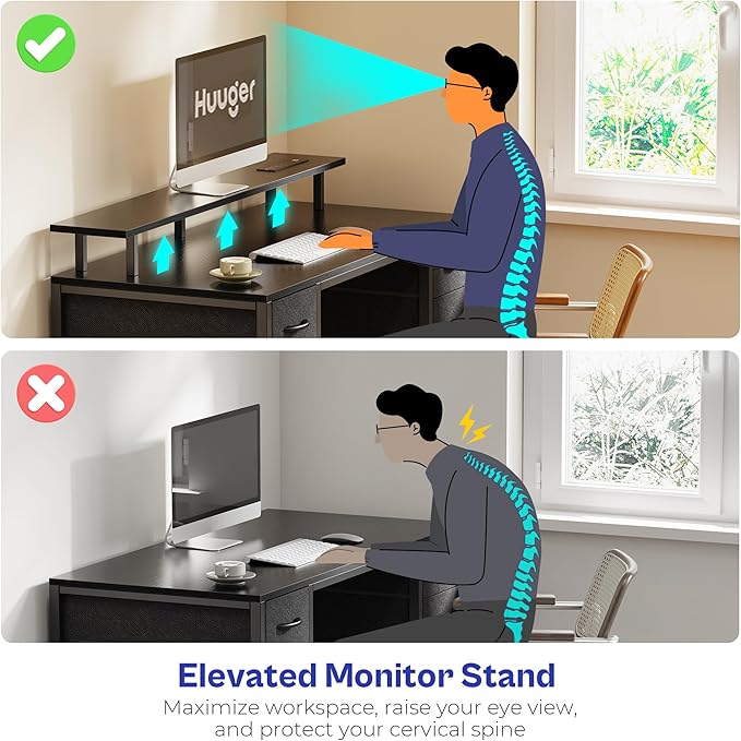 Huuger 55 inch Computer Desk with 4 Drawers, Gaming Desk with LED Lights & Power Outlets, Home Office Desk with Large Storage Space for Bedroom, Work from Home, Black