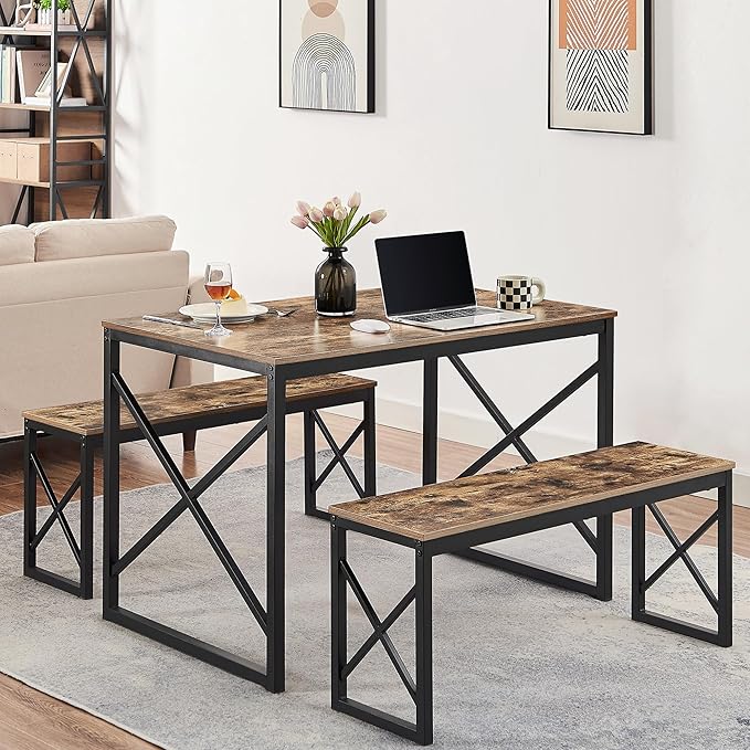 VECELO Kitchen Table with 2 Benches for 4, Wood Dining Room Dinette Sets for Breakfast Nook and Small Space, Brown