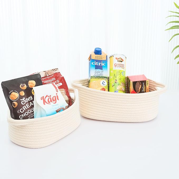 MINTWOOD Design 5-Piece Storage Baskets for Organizing, Small Woven Rope Baskets for Storage and Shelves, Dog Cat Toy Basket Box, Pantry Bathroom Organization Bins, Nightstand Organizer, Beige