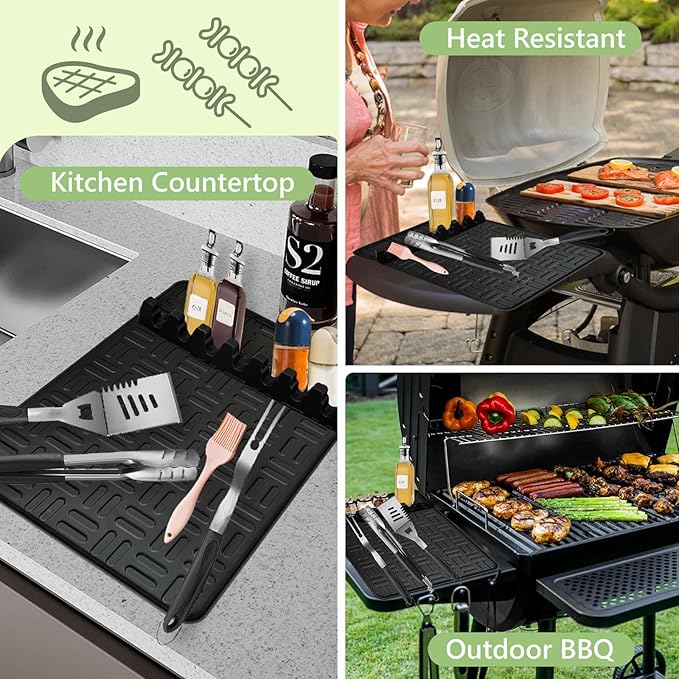 2PCS Silicone Griddle Tools, Large Spatula Mat with Drip Pad, Side Shelf Mat for Grill BBQ Accessories (Black, 15.35" x 10.63")