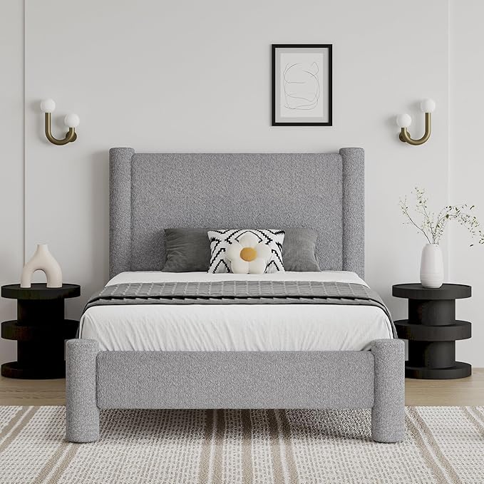 Twin Size Bed Frame, Boucle Upholstered Platform Bed with Headboard and Footboard, Soft Rounded Corners, No Box Spring Required, Easy Assembly, Light Grey