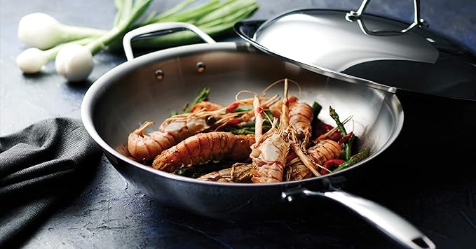 Tramontina Signature Tri-Ply Clad Stainless Steel 12.5-Inch Wok with lid, Induction-Ready, Dishwasher-Safe, NSF-Certified, Made in Brazil
