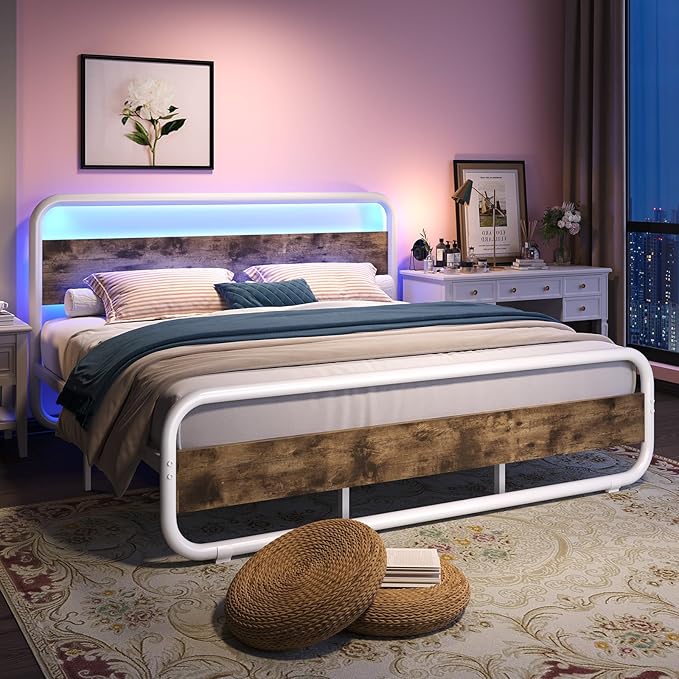 Catrimown King Size Bed Frame, Metal King Bed Frame with LED Headboard, Rustic Industrial Heavy Duty Wooden Platform Bed Frame with Under Bed Storage, Noise Free, No Box Spring Needed, White