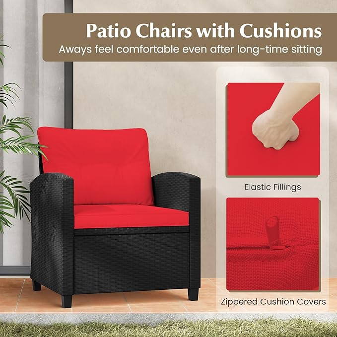 Tangkula 3 Pieces Patio Furniture Set, Rattan Conversation Set w/Soft Seat & Back Cushions, Tempered Glass Topped Coffee Table, Cushioned Wicker Seating for Backyard, Porch, Poolside (Red)