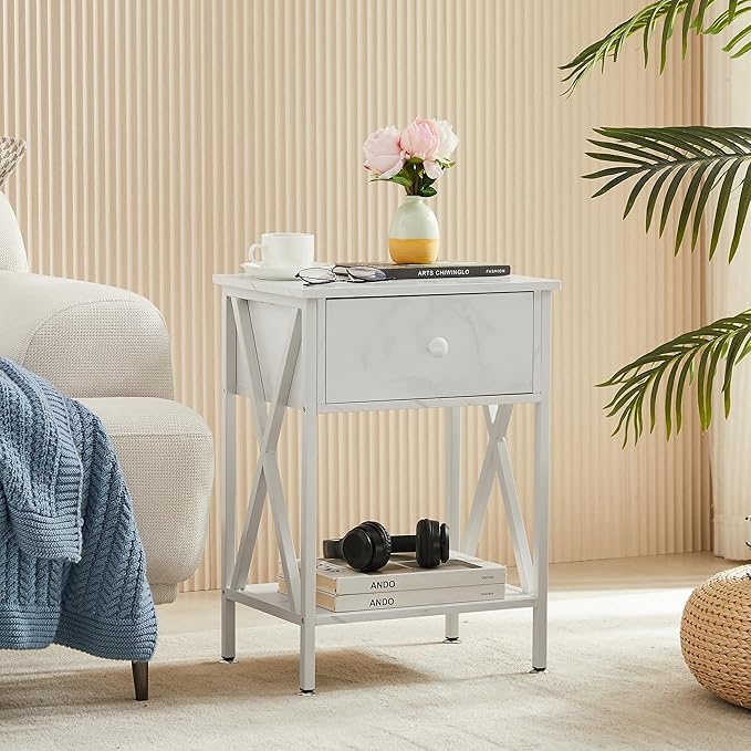 VECELO Nightstand,Modern Bedside End Table, Night Stand with Drawer and Storage Shelf for Living Room Bedroom, Industrial Metal Frame