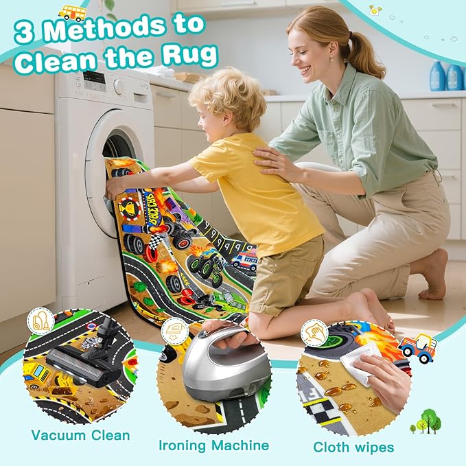 Kids Rug, 4x6 Ft Non-Slip Monster Truck Play Rug, Extra Thick (0.4in), Educational LearningTraffic Road Car Carpet for Nursery, Classroom, Playroom & Bedroom