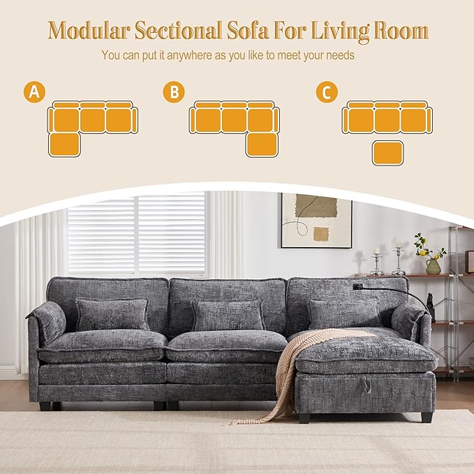 KEIKI 110" L-Shaped Boucle Modular Sectional Chenille Sofa with 1 Ottoman & Memory Foam Cushion & Phone Holder & USB, Upholstered Modern Oversized 4-Seater Couch, Easy Assembly, for Living Room, Gray