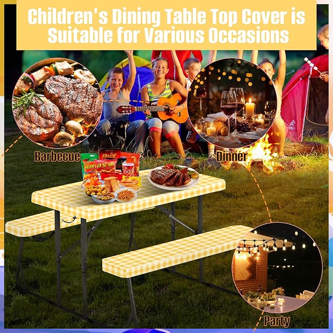 33" L x 20" W x 3" H Yellow Grid Picnic Table Cover for Kids, Fitted Tablecloth for Outdoors Oxford Cloth Waterproof Cloth for Camping Home Goods Indoor Outdoor Patio BBQ