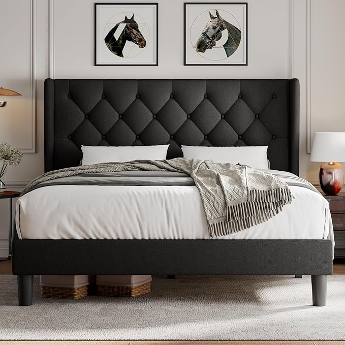 iPormis Queen Size Platform Bed Frame with Button Tufted Headboard, Upholstered Bed Frame with Solid Wooden Slats, 8" Underbed Space, No Box Spring Needed, Noise Free, Easy Assembly, Black