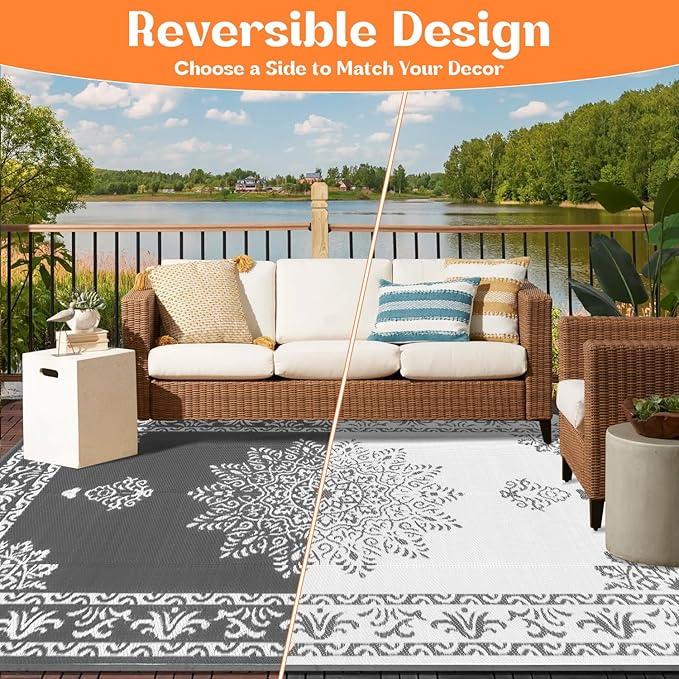 Yamaziot Outdoor Rug 9x12 Ft, Waterproof Plastic Straw Patio Rug, Reversible Backyard Carpet UV Resistant Portable RV Mat Clearance, Large Indoor Outdoor Rug for Patio, Porch, Deck, Balcony, Dark Gray