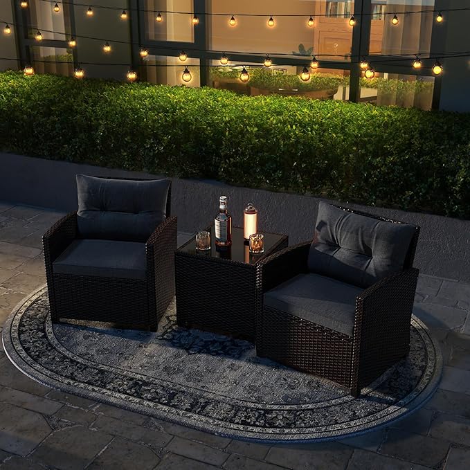 Tangkula 3 Pieces Patio Furniture Set, PE Rattan Wicker 3 Pcs Outdoor Sofa Set w/Washable Cushion and Tempered Glass Tabletop, Conversation Furniture for Garden Poolside Balcony (Grey)