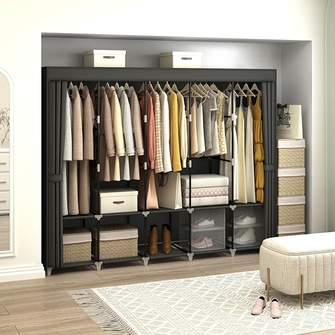 83 Inch Wide Portable Closet Wardrobe, Clothes Storage Rack Organizer with Cover, 5 Clothes Hanging Rods and 10 Storage Shelves, Black