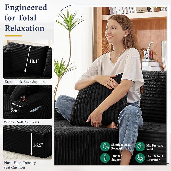 104''Sectional Cloud Couch with L Shaped Chaise,Modern Modular Sectional Sofa,Boneless Couch with Deep Seat,Comfy Couches for Living Room (Black, U Shaped)