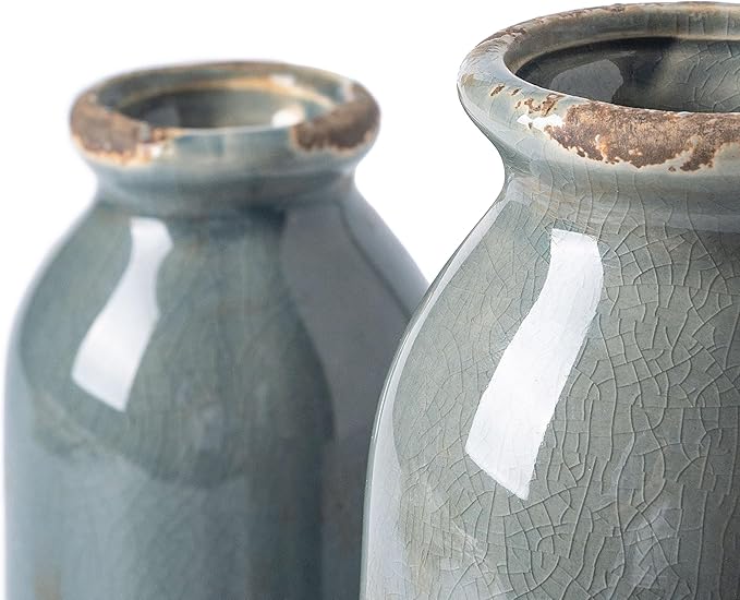 VICTOR & TERESA Blue and Grey Ceramic Vase Home Decor, Farmhouse Vases for Flowers, Flower Vase Set of 2, Rustic Decorative Vases for Pampas Grass, Table, Living Room, Shelf, Centerpieces, 8 inch