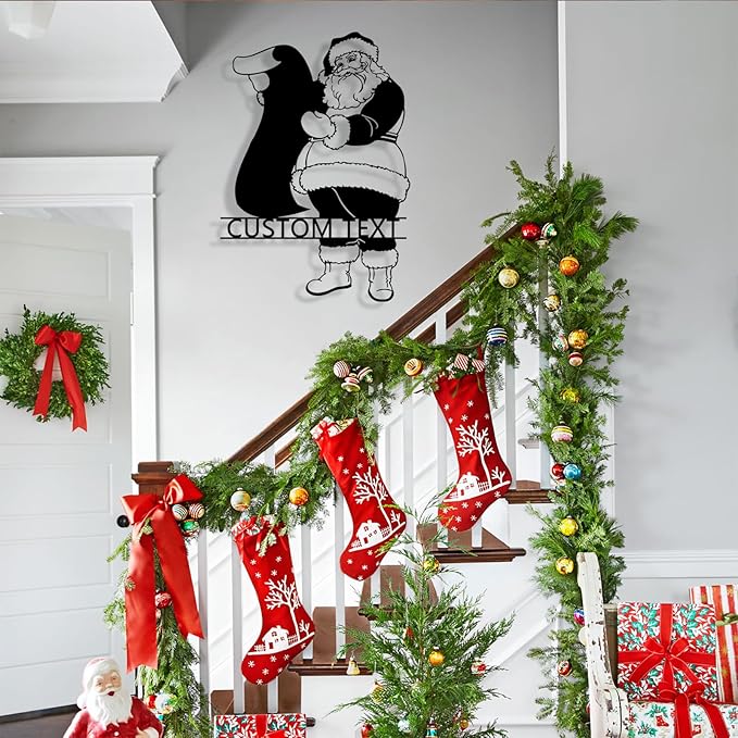 Personalized Christmas Santa Claus Metal Sign, Custom Name Santa Claus Metal Sign Wall Decor, Merry Christmas Holiday Wall Decoration for Home Living Room, Bedroom, Office, Garden, Porch