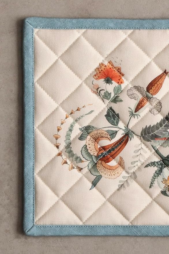 Maison d' Hermine 100% Cotton Oven Mitt & Pot Holder Set (7.5"x13" & 8"x8") Heat Resistant BBQ Cooking Gloves with Loop for Thanksgiving Christmas Decorations Handling Hot Pans (Dalida)