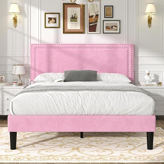 VECELO Queen Size Bed Frame with Adjustable Upholstered Headboard, Wooden Slats Platform, Noise-Free Design, No Box Spring Needed, Easy Assembly