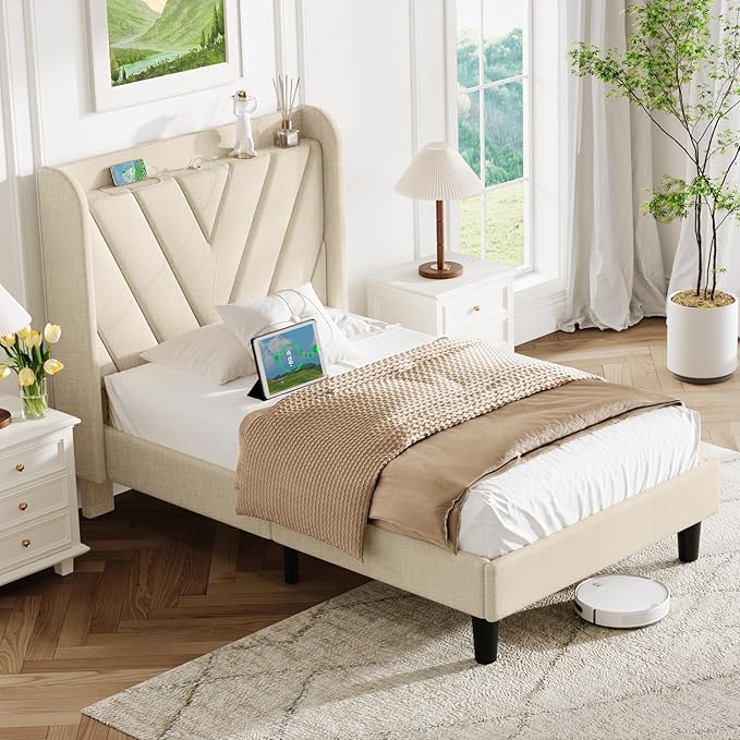 koorlian Twin Size Bed Frame with Headboard, Adjustable Upholstered Platform Bed Frame with Type-C&USB Ports for Kids, Wingback Storage Headboard, Solid Wood Slats Support, No Box Spring Needed, Beige