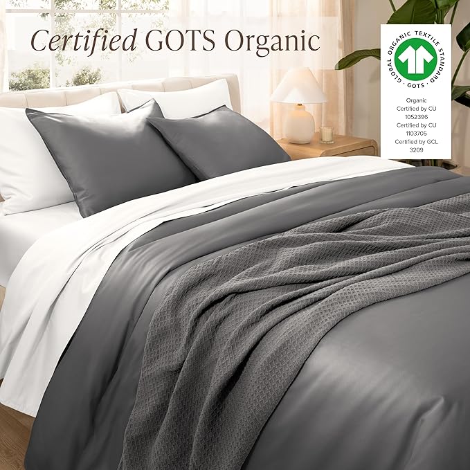 Bare Home 100% Organic Cotton Sateen Duvet Cover Set - 400 Thread Count - Smooth Sateen Weave - Warm & Luxurious - Duvet Cover (King/Cal King, Grey)