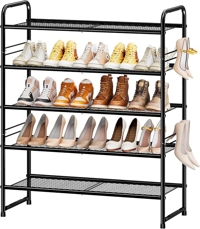 SUFAUY Shoe Rack, 5-Tier 33" Wide Shoe Storage Rack for 24-30 Pairs of Shoes, Mesh Shoe Organizer for Entryway Closet, Steel Frame, Industrial, Black
