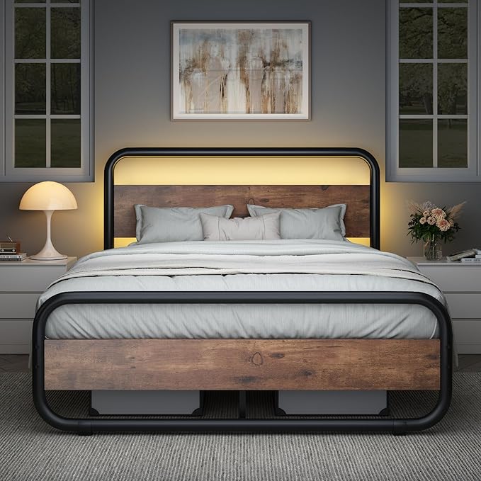Catrimown Full Size Bed Frame, Heavy Duty Metal Rustic Platform Bed Frame with LED Wood Headboard and Footboard, Wooden Platform Bed Frame with Under Bed Storage, No Box Spring Needed, Rustic Brown
