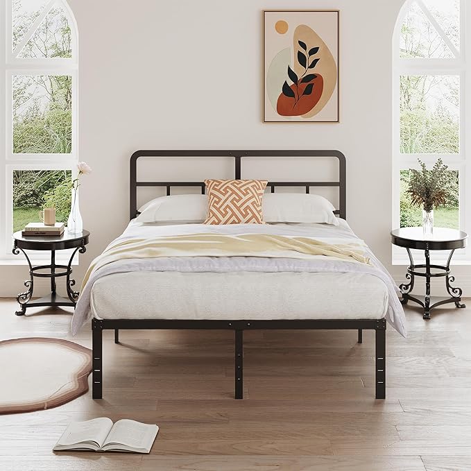 King Size Bed Frame with Headboard, 16 Inch Metal Platform No Box Spring Needed Heavy Duty Steel Slat Mattress Foundation/Easy Assembly/No Noise/Black