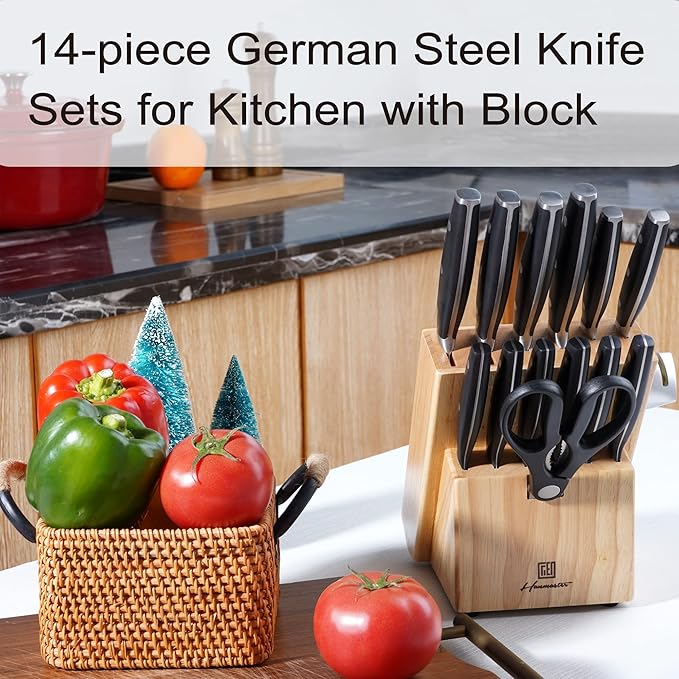 Knife Set, 14 Pieces German Steel Knife Sets for Kitchen with Block, Kitchen Scissors, Sharp Kitchen Knife Set for Home and Restaurants, Classic Elegant Black