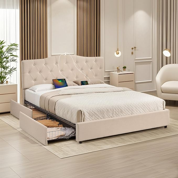 VECELO Full Size Platform Bed Frame with 4 Storage Drawers,Fabric Upholstered Headboard and Wooden Slats Support,Built-in USB and Type C Ports, No Box Spring Needed,Easy Assembly