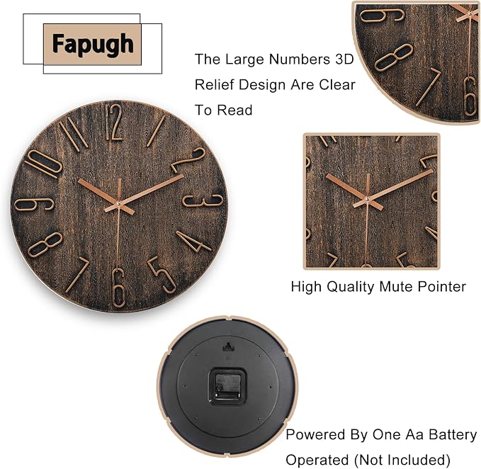 Wall Clock Battery Powered 12 inch Silent Wall Clock, Exquisite Modern Style Decorative Clock, Suitable for Home, Office, School, Kitchen, Bedroom, Living Room (Brown)