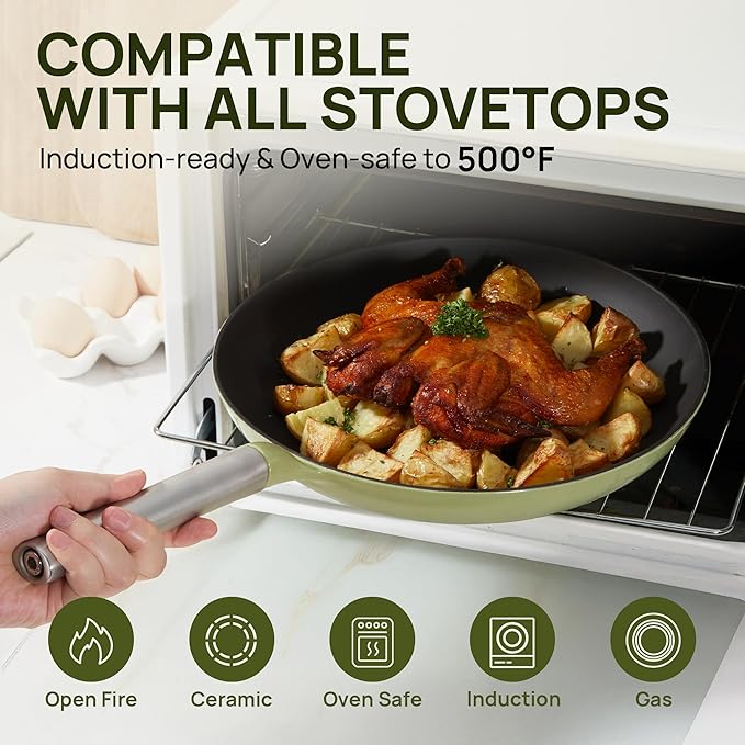 KOKHUB Non Toxic Frying Pan Set 3 Piece, Titanium Enameled Cast Iron Skillets, 8" 9.5" 11" Non Stick PFOA Free Cooking Pans, Dishwasher & Oven Safe Cookware, All Cooktops Compatible, Sage Green