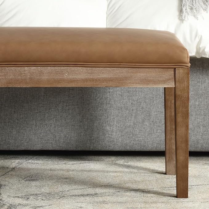 Upholstered Entryway Bench Farmhouse Shoe Benches for Hallway Porch Bedroom Bench for End of Bed Dining Bench for Dining Table Dining Room Kitchen Window with Wood Legs, PU Leather, Brown