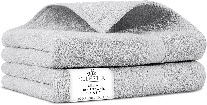 100% Cotton Hand Towel Set of 2, (16 x 28 inches) Sustainable, Soft, Highly Absorbent, Quick Drying, Combed Cotton Hand Towels Pack of 2 Ideal for Hotels, Spa, Bathroom, Dorm, Silver