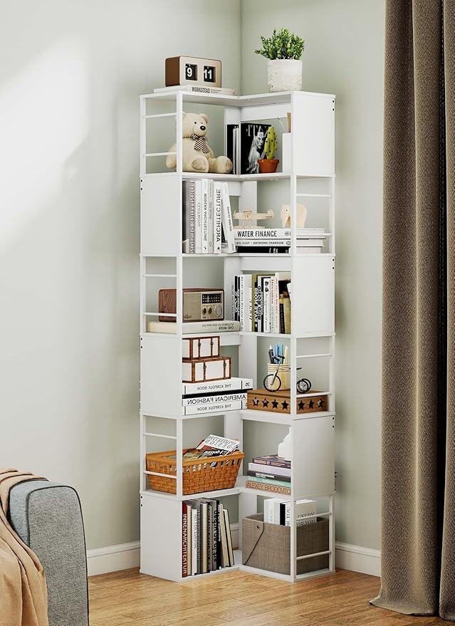 Baoz 7-Tier Corner Shelf- L Shape Corner Bookshelf with Storage- Wood Metal Bookcase Open Floor Stand Shelf Tall Decorative Display Storage Organizer in Living Room/Bedroom/Home/Office (White)