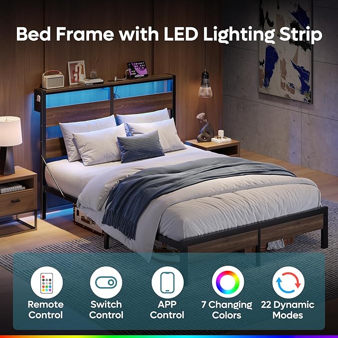 Bestier Queen Bed Frame with Storage Headboard and Charging Station, Walnut Platform Bed Frame with LED Light, Non-Slip Metal Bed Frame, Noise-Free, Easy Assembly,Walnut