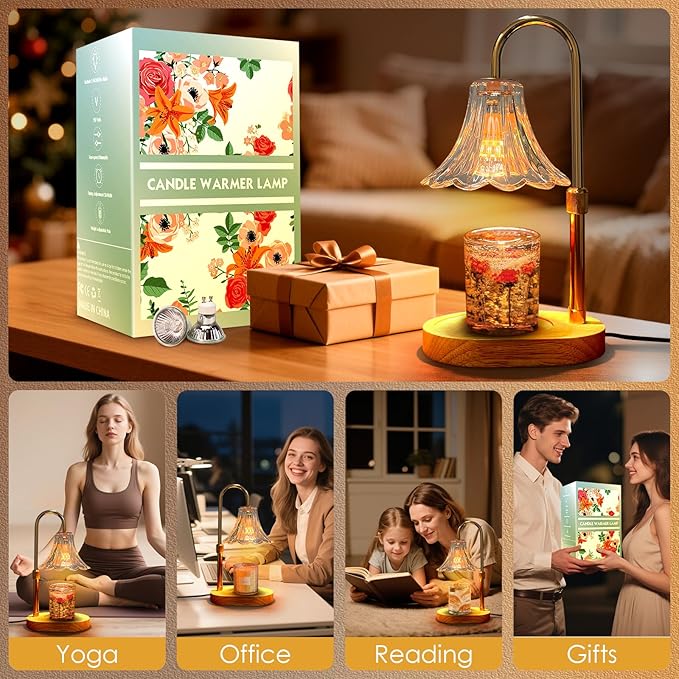 Candle Warmer Lamp with Timer: Birthday Gifts for Women Mom, Adjustable Height, 3 Timing Mode, 4 Level Dimmable Flower Candle Wax Melt Warmer with 2 Bulbs for Jar Candle House Warming Gifts Fall Decor