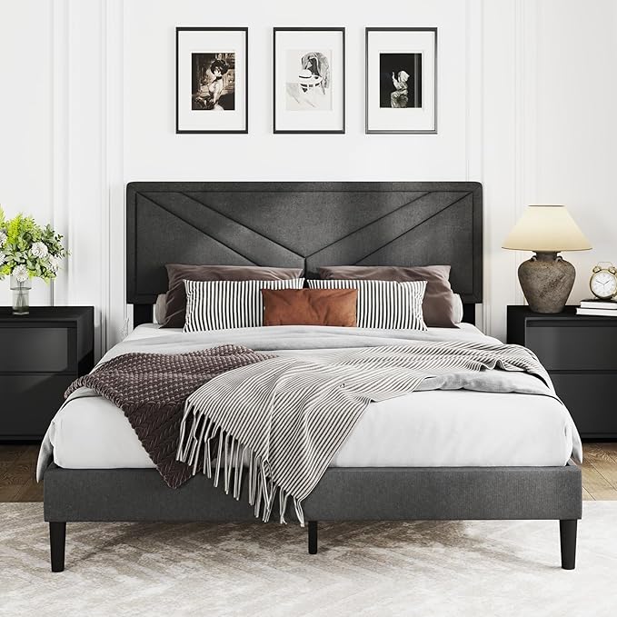 Giantex Queen Platform Bed Frame, Modern Upholstered Bed Frame with Diagonal Channel Tufting, Wooden Slats Support, No Box Spring Needed, Gray