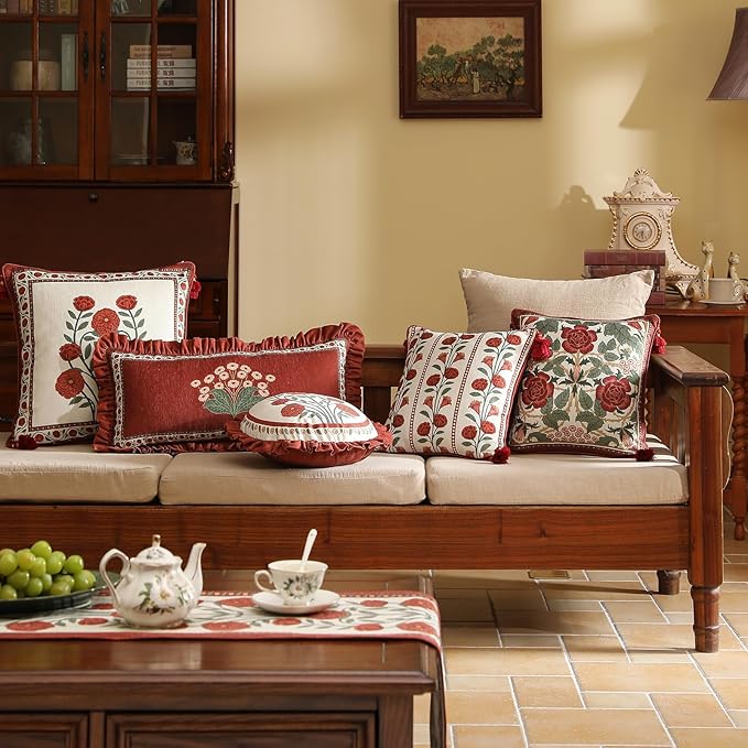 Vintage Throw Pillow Covers Pack of 4,Red Cozy Velvet with Leaves and Floral Pattern Pillowcases,Decor Square Round Lumbar Pillows Cushion Covers for Living Room Couch Sofa Bed Car