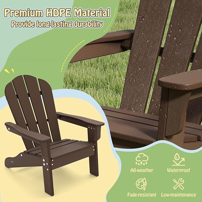 Giantex HDPE Kids Adirondack Chair - All-Weather Lawn Toddler Chair with Ergonomic Design, Children’s Outdoor Chair for Toddlers Ages 3-8, Kid’s Patio Furniture for Deck, Garden (4, Brown)